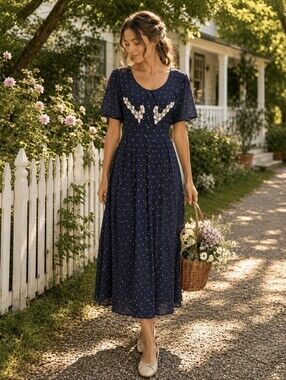 Vintage Susan Bristol Navy Polka Dot Prairie Midi Dress Lace Trim Size 8